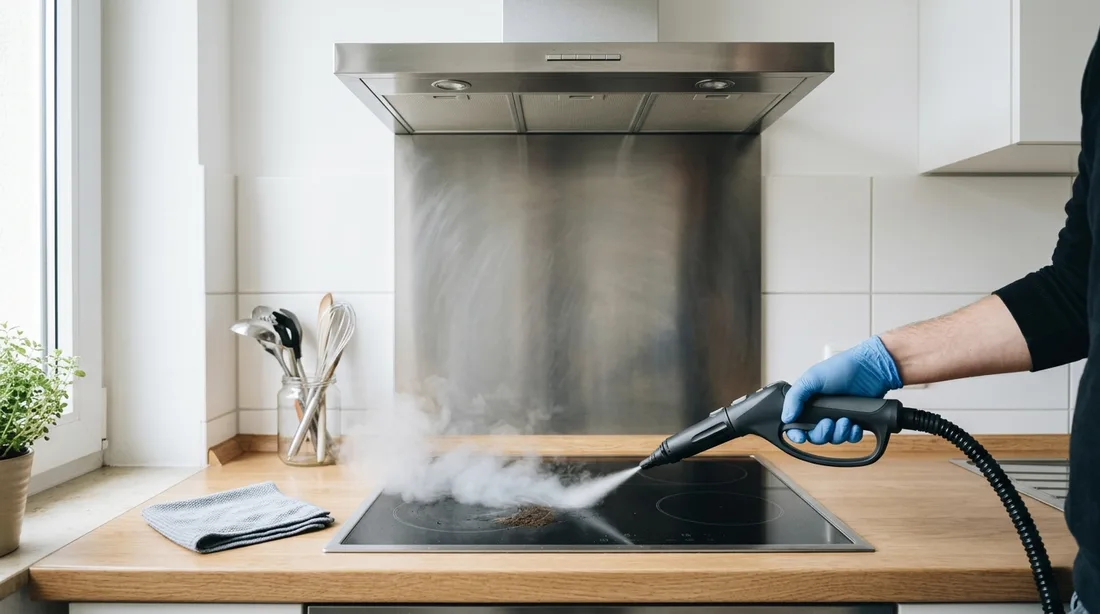 Dampfpistole eines Kesselgeräts richtet einen Dampfstrahl auf ein Glaskeramik-Kochfeld, dahinter eine Dunstabzugshaube aus Edelstahl