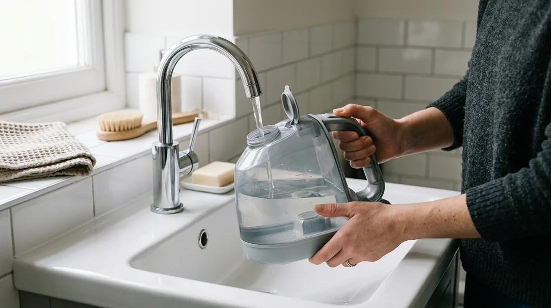 Abnehmbarer Wassertank eines Dampfreinigers wird über einem Waschbecken befüllt